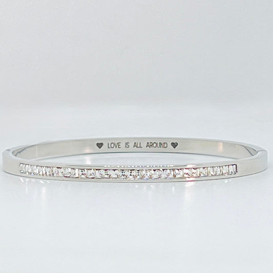 Silver Hinged Bangle with Sparkling Cubic Zirconia Band and "Love is All Around" Message