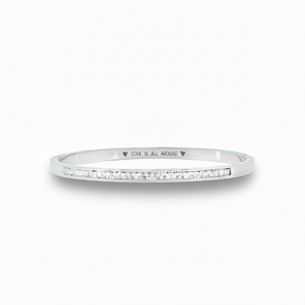 Silver Hinged Bangle with Sparkling Cubic Zirconia Band and "Love is All Around" Message