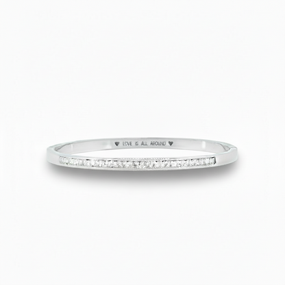 Silver Hinged Bangle with Sparkling Cubic Zirconia Band and "Love is All Around" Message