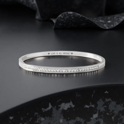 Silver Hinged Bangle with Sparkling Cubic Zirconia Band and "Love is All Around" Message