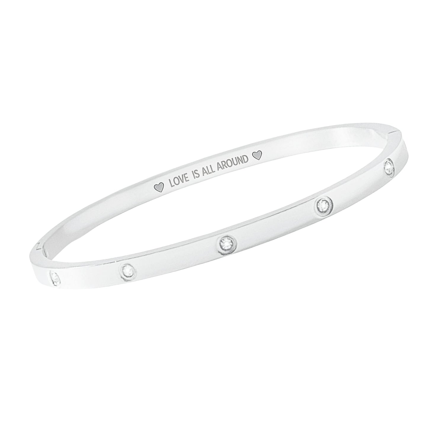 Silver bracelet with 'LOVE IS ALL AROUND' engraving on a white background