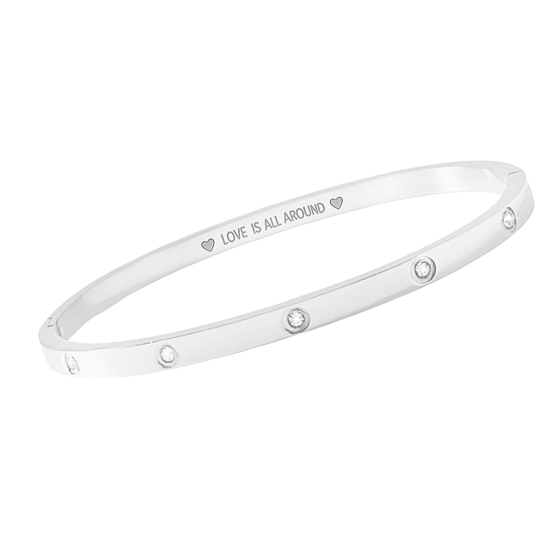 Silver bracelet with 'LOVE IS ALL AROUND' engraving on a white background