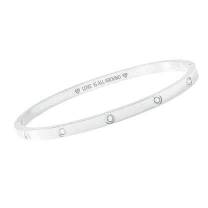 Silver bracelet with 'LOVE IS ALL AROUND' engraving on a white background