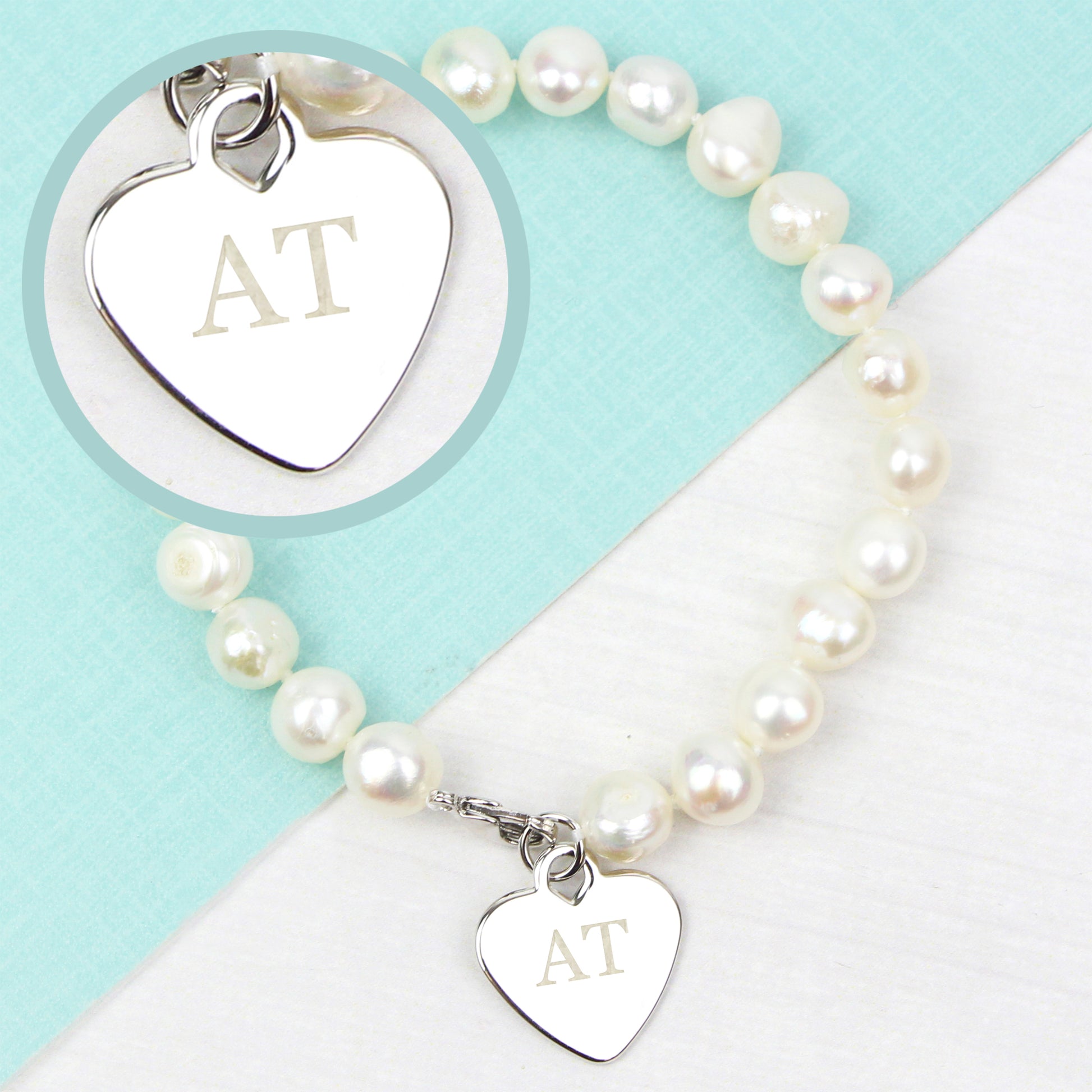 Pearl bracelet with a heart-shaped tag on a wrist against a neutral background
gift for her birthday, wedding, anniversary girlfriend mum sister auntie aunt wife charm bracelet personalised 