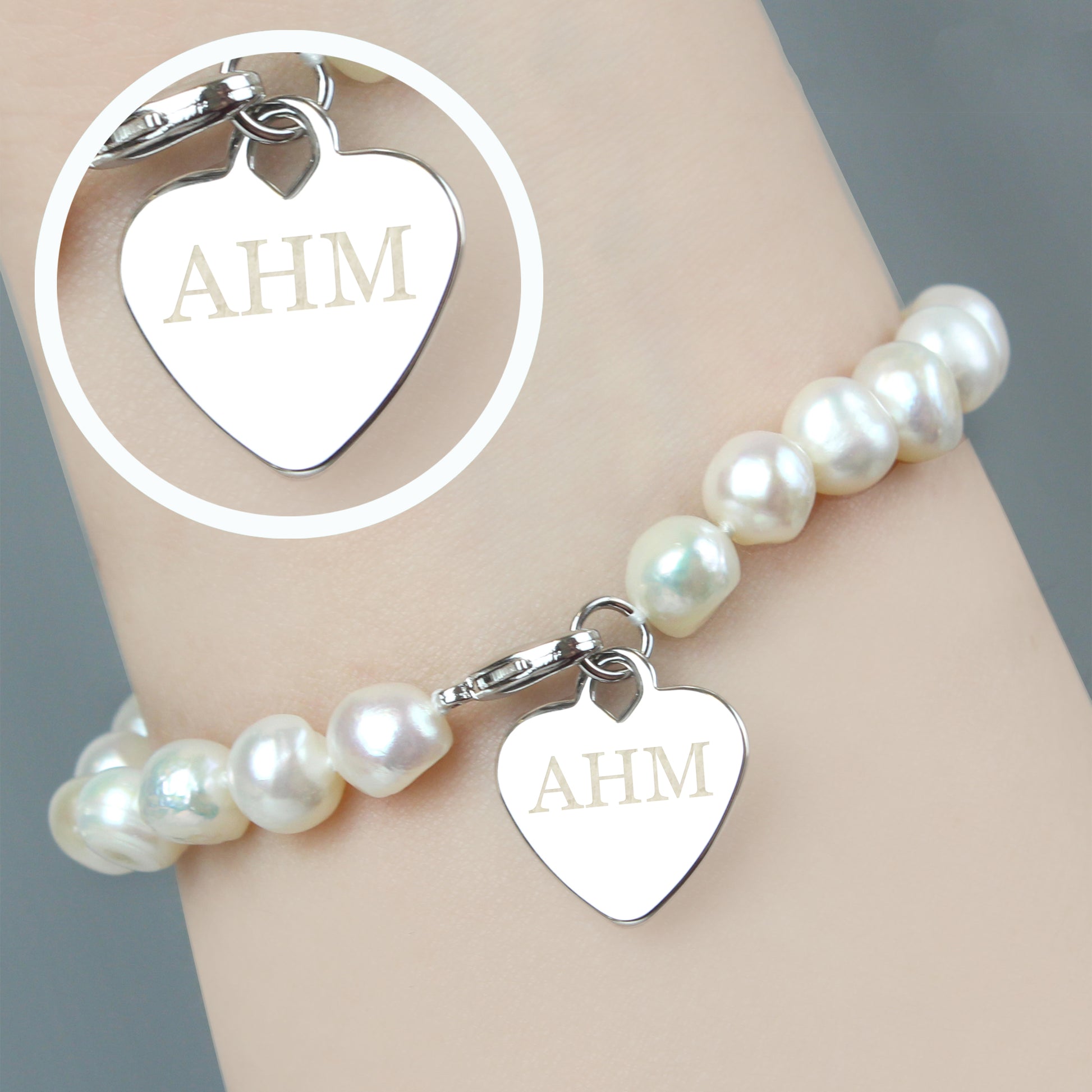 Pearl bracelet with a heart-shaped tag on a wrist against a neutral background
gift for her birthday, wedding, anniversary girlfriend mum sister auntie aunt wife charm bracelet personalised 