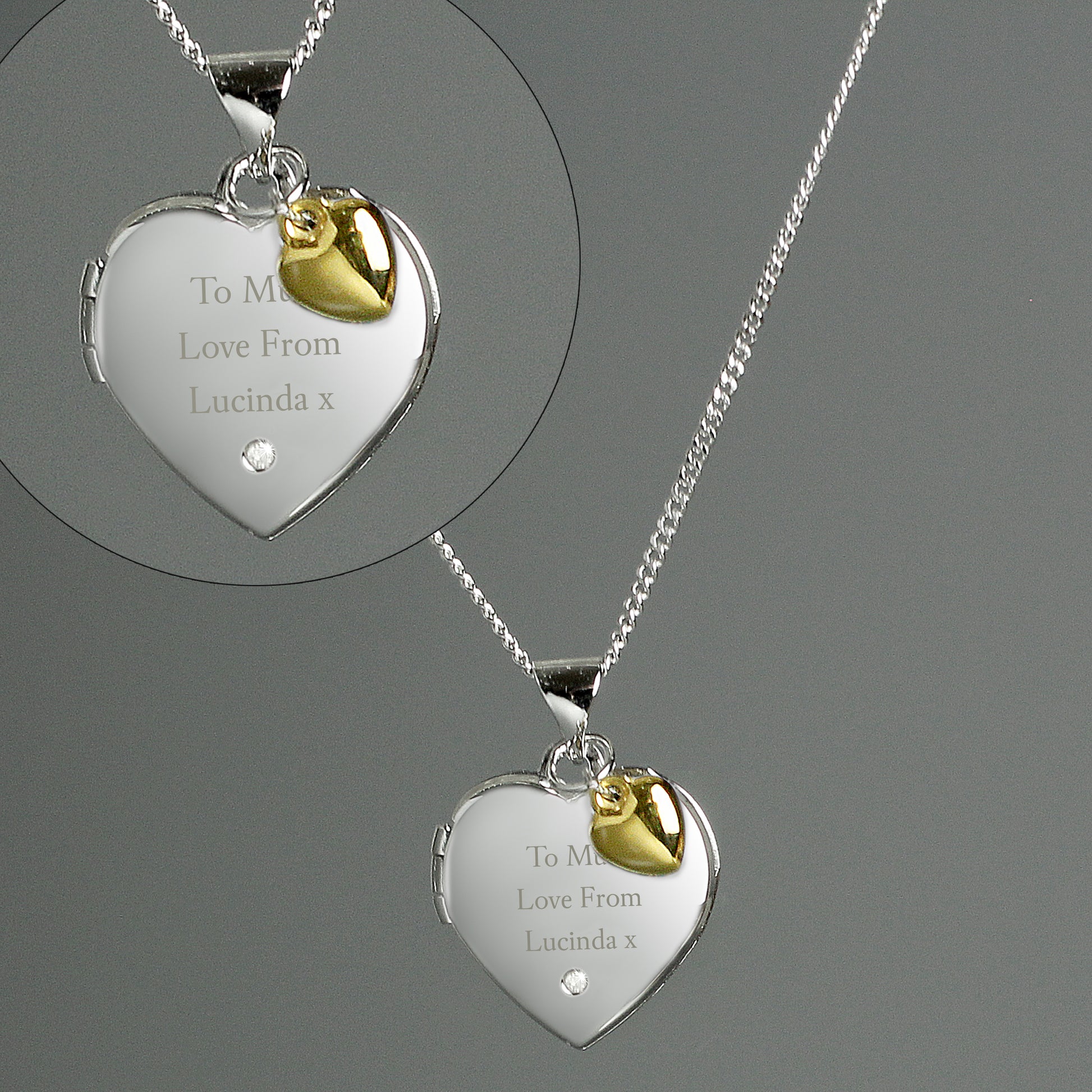 Personalised Sterling Silver Heart Locket Necklace with Diamond and 9ct Gold Charm Peach Bomb Fashion, Jewellery, Homeware & Gifts