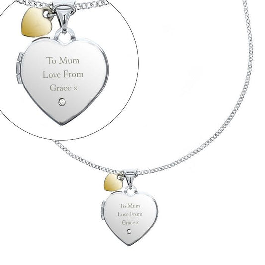 Personalised Sterling Silver Heart Locket Necklace for her Christmas birthday anniversary with Diamond and 9ct Gold Charm 