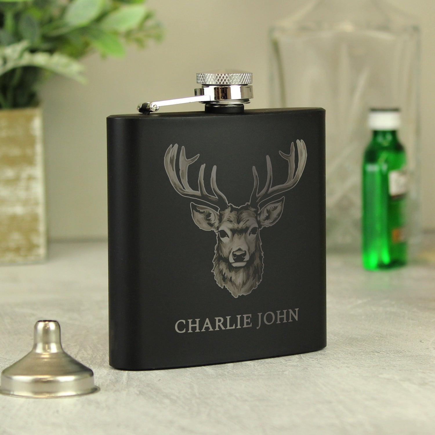 Personalised Stag Black Hip Flask Peach Bomb Fashion, Jewellery, Homeware & Gifts Glasses & Barware