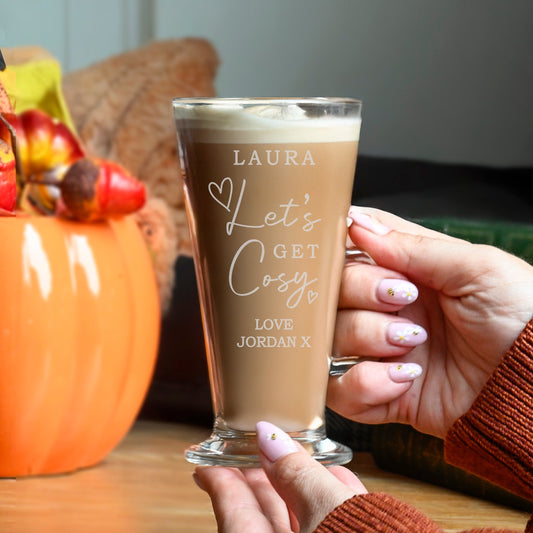 Personalised Get Cosy Latte Glass Peach Bomb Fashion, Jewellery, Homeware & Gifts Glasses & Barware