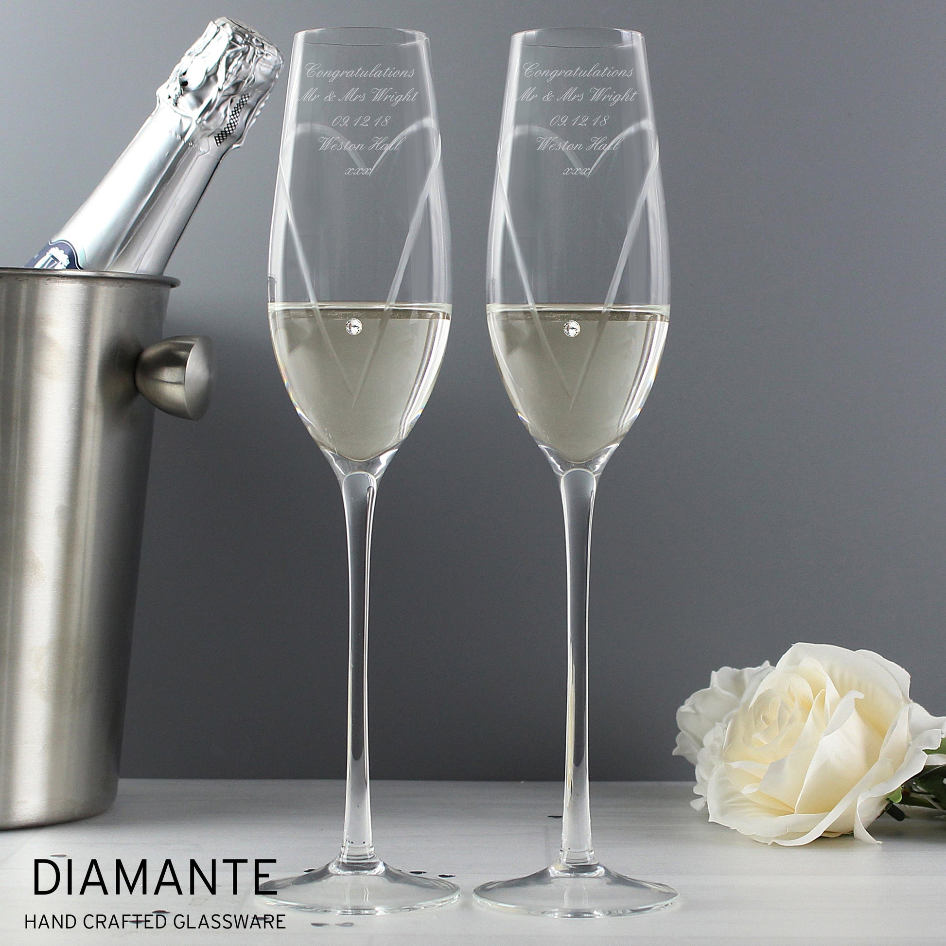 Personalised Hand Cut Heart Pair of Flutes with Gift Box Peach Bomb Fashion, Jewellery, Homeware & Gifts Glasses & Barware