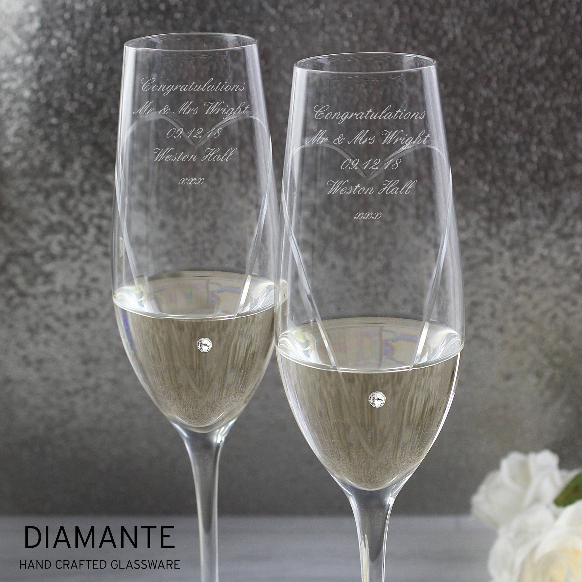 Personalised Hand Cut Heart Pair of Flutes with Gift Box Peach Bomb Fashion, Jewellery, Homeware & Gifts Glasses & Barware
