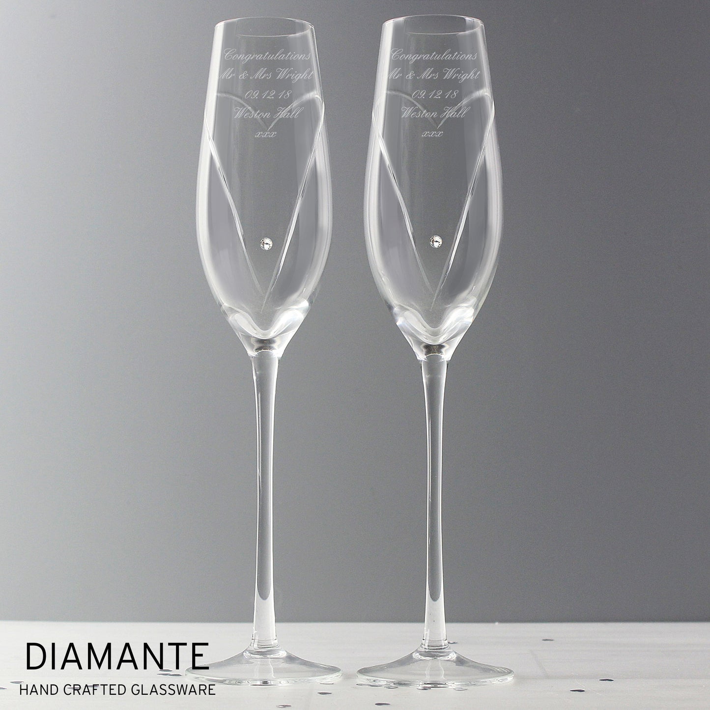 Personalised Hand Cut Heart Pair of Flutes with Gift Box Peach Bomb Fashion, Jewellery, Homeware & Gifts Glasses & Barware