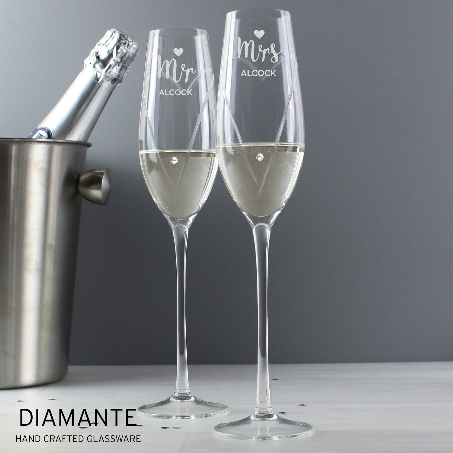 Personalised Hand Cut Mr & Mrs Pair of Flutes in Gift Box Peach Bomb Fashion, Jewellery, Homeware & Gifts Glasses & Barware