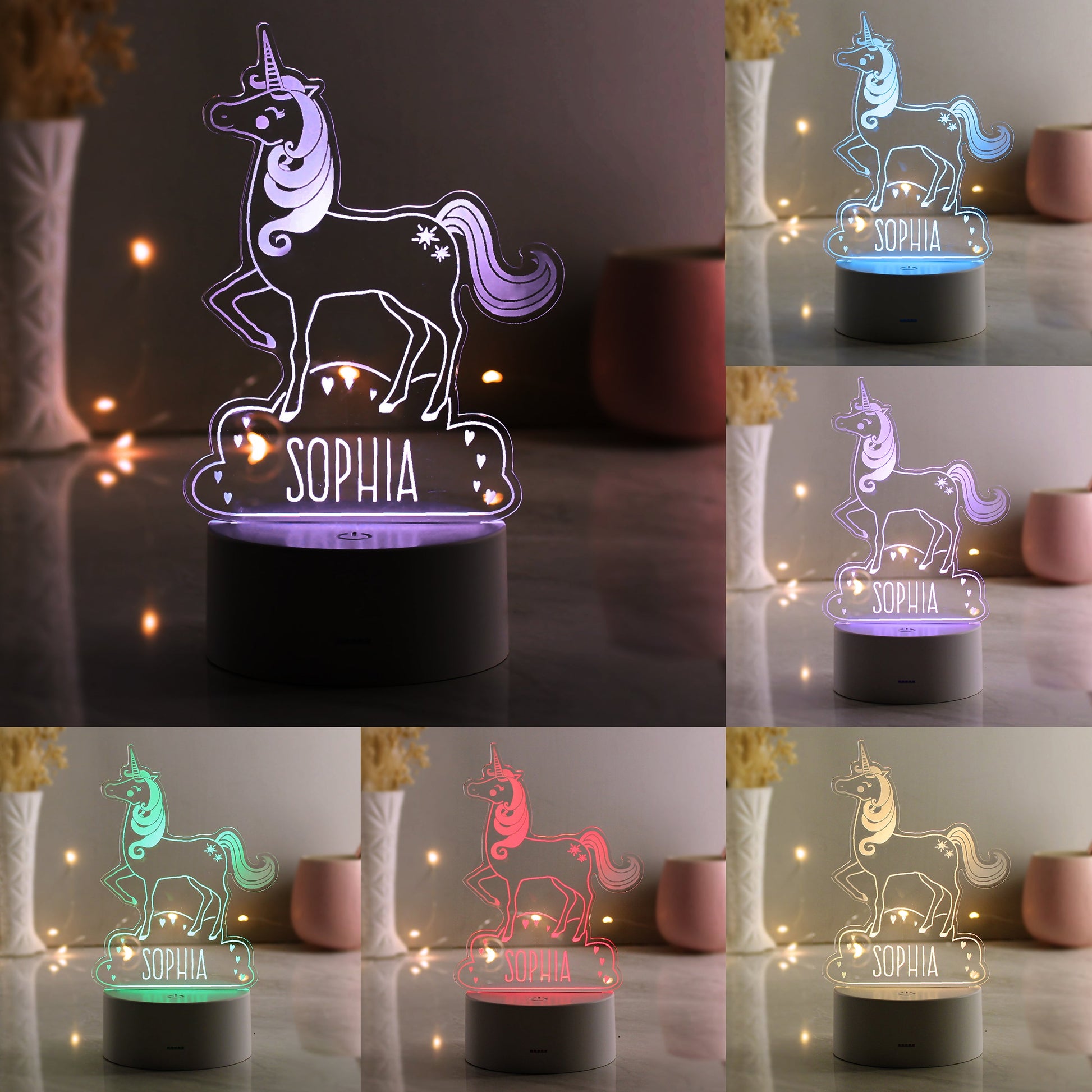 Personalised Unicorn LED Colour Changing Night Light Peach Bomb Fashion, Jewellery, Homeware & Gifts LED Lights, Candles & Decorations