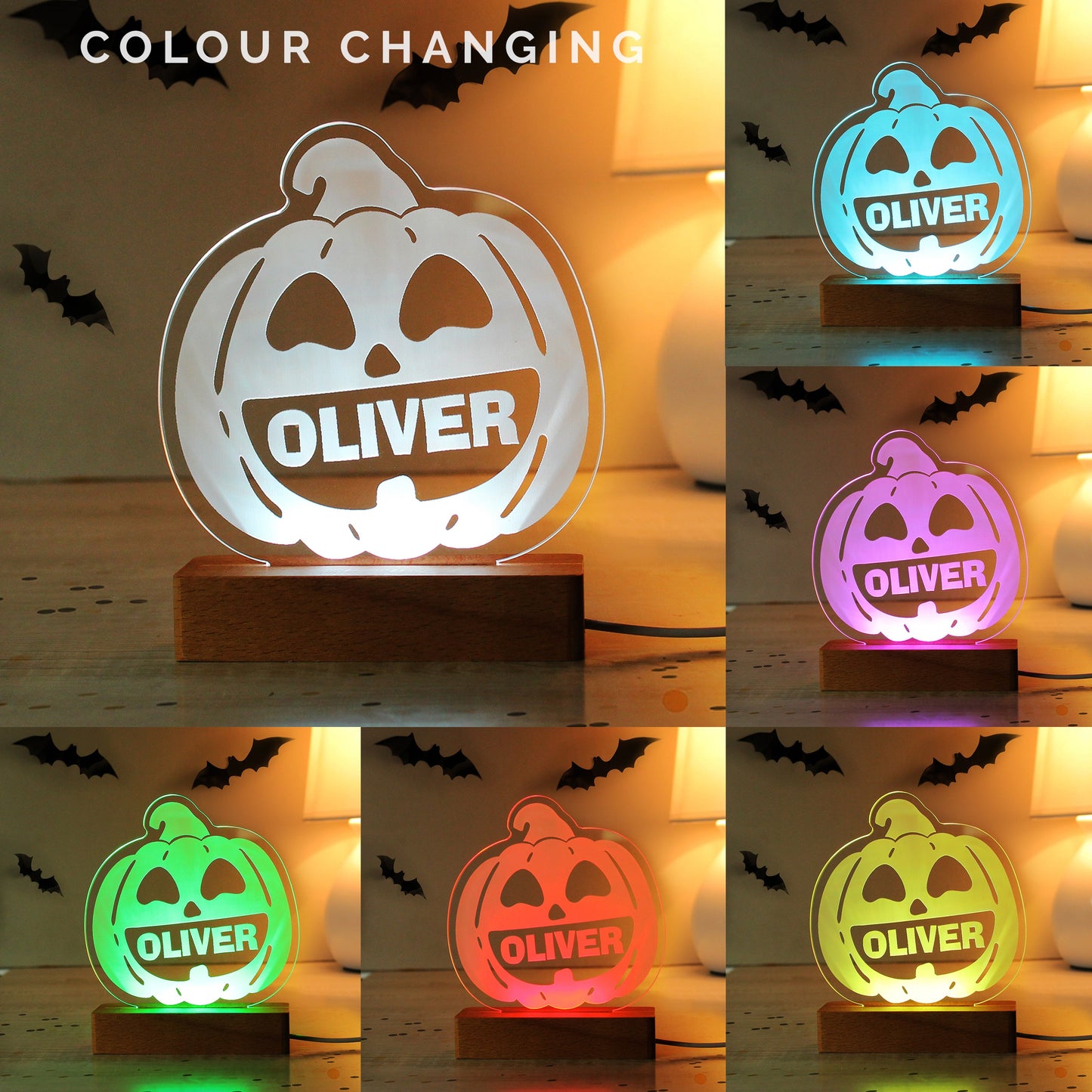 Personalised Pumpkin Wooden LED Light Peach Bomb Fashion, Jewellery, Homeware & Gifts LED Lights, Candles & Decorations