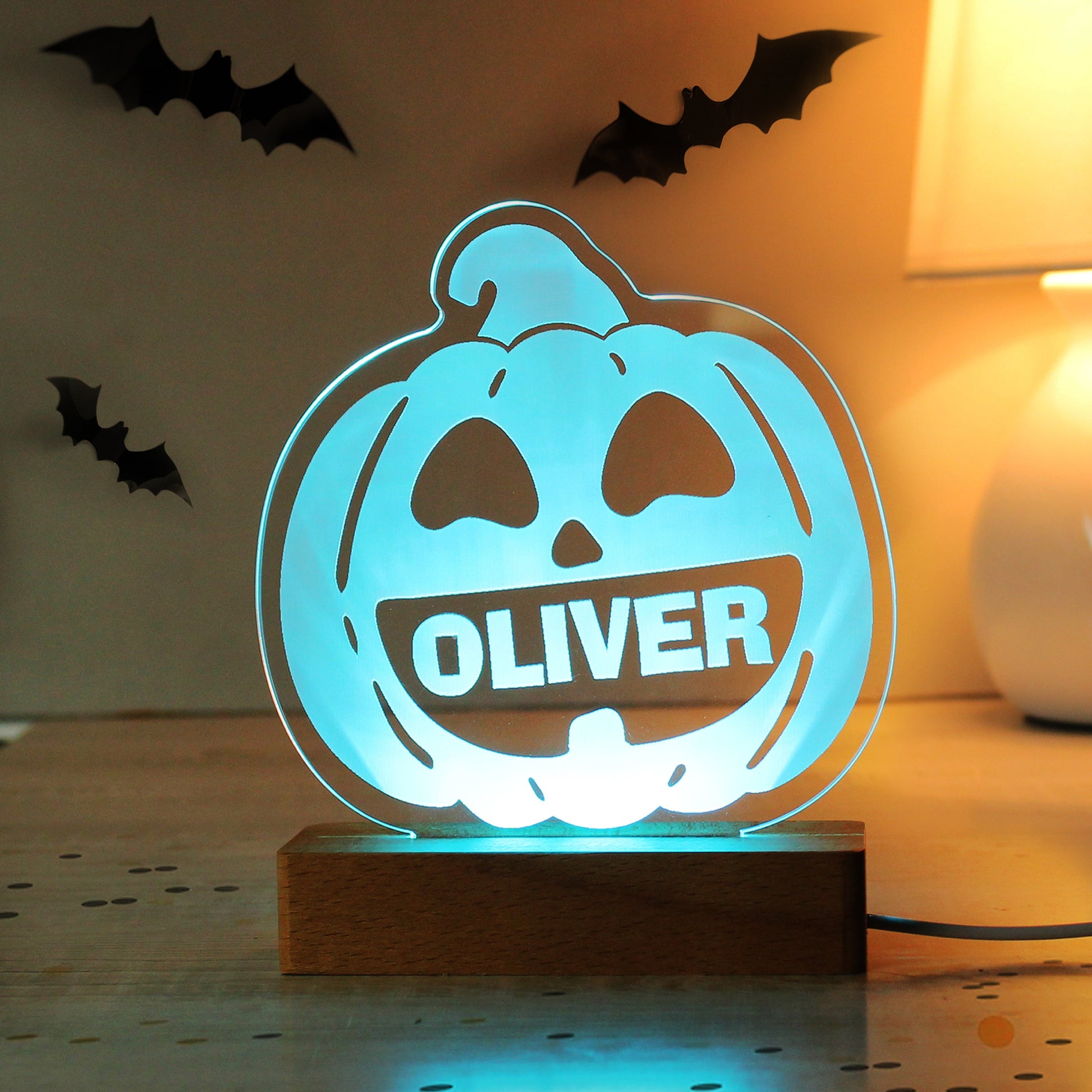 Personalised Pumpkin Wooden LED Light Peach Bomb Fashion, Jewellery, Homeware & Gifts LED Lights, Candles & Decorations