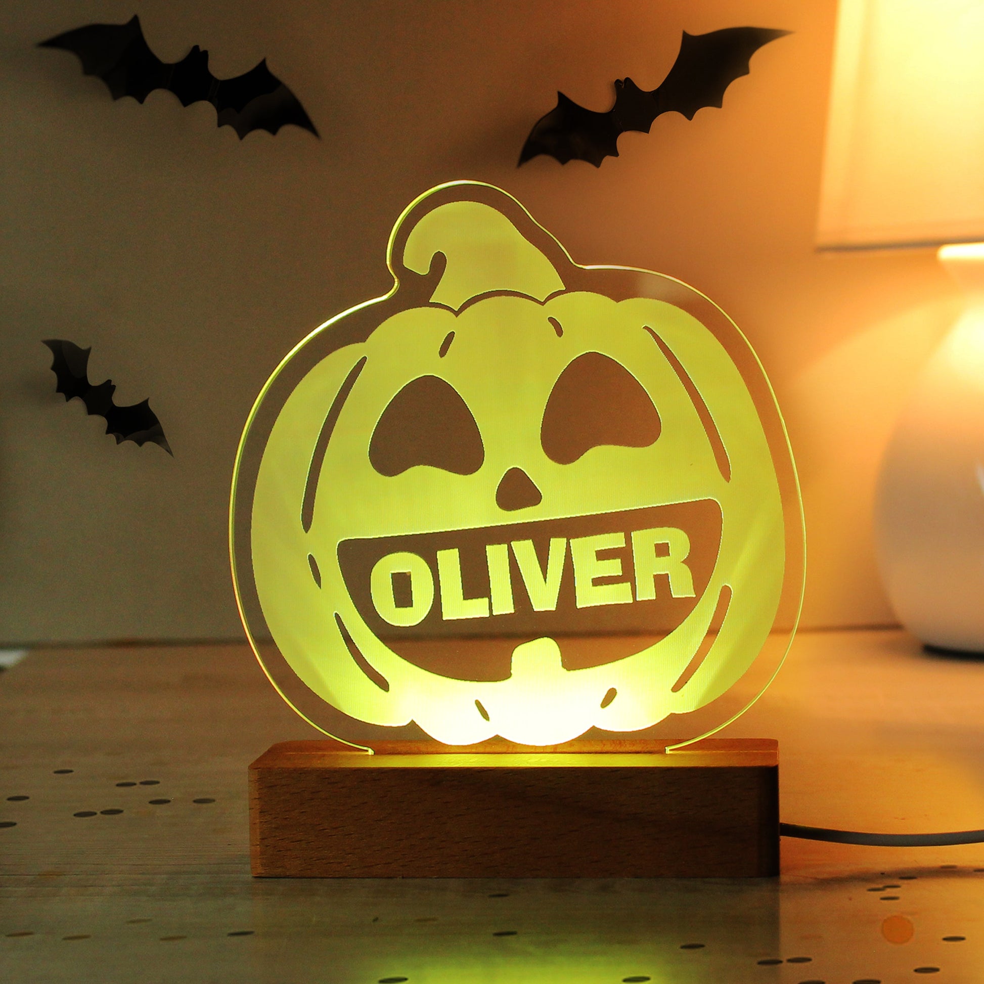 Personalised Pumpkin Wooden LED Light Peach Bomb Fashion, Jewellery, Homeware & Gifts LED Lights, Candles & Decorations
