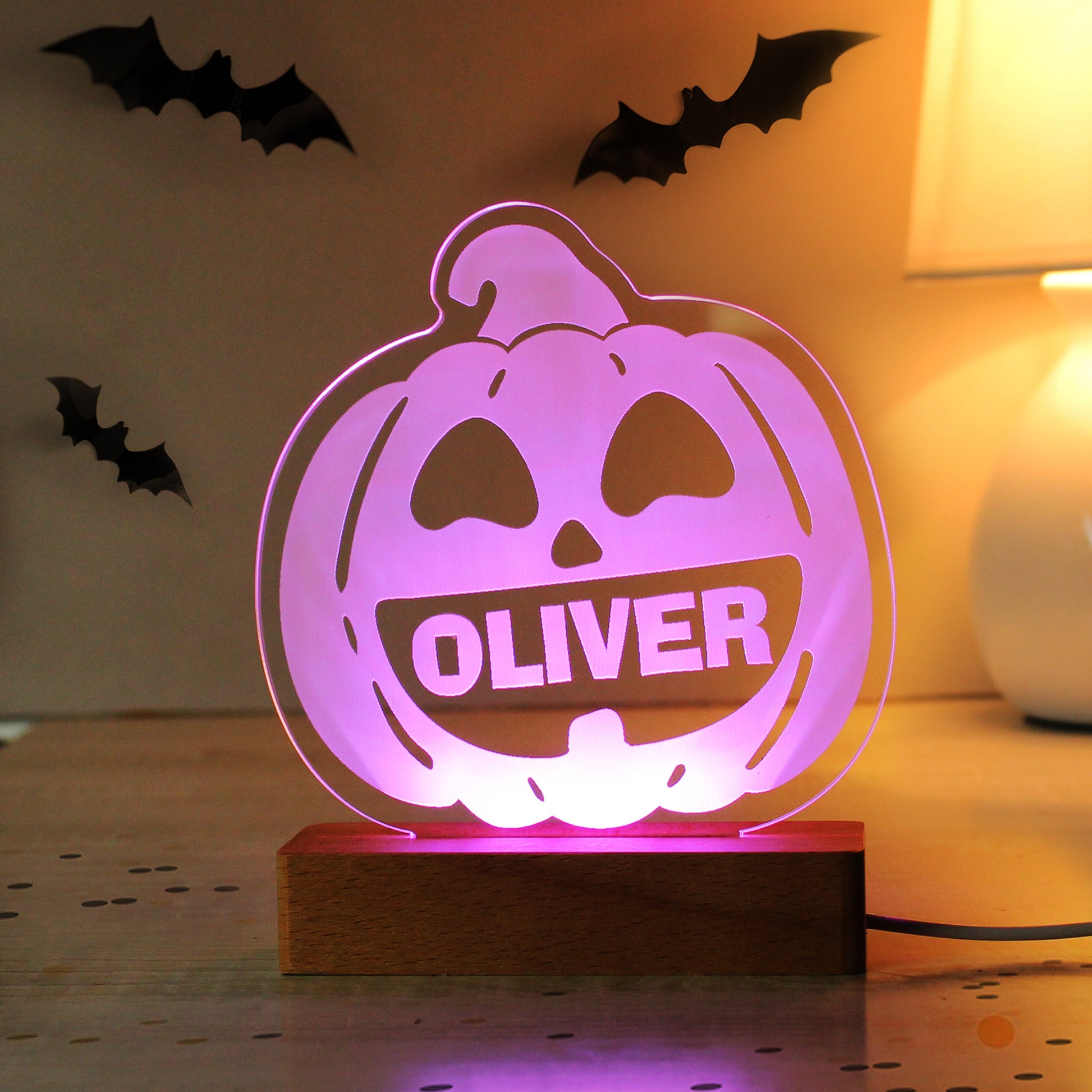 Personalised Pumpkin Wooden LED Light Peach Bomb Fashion, Jewellery, Homeware & Gifts LED Lights, Candles & Decorations