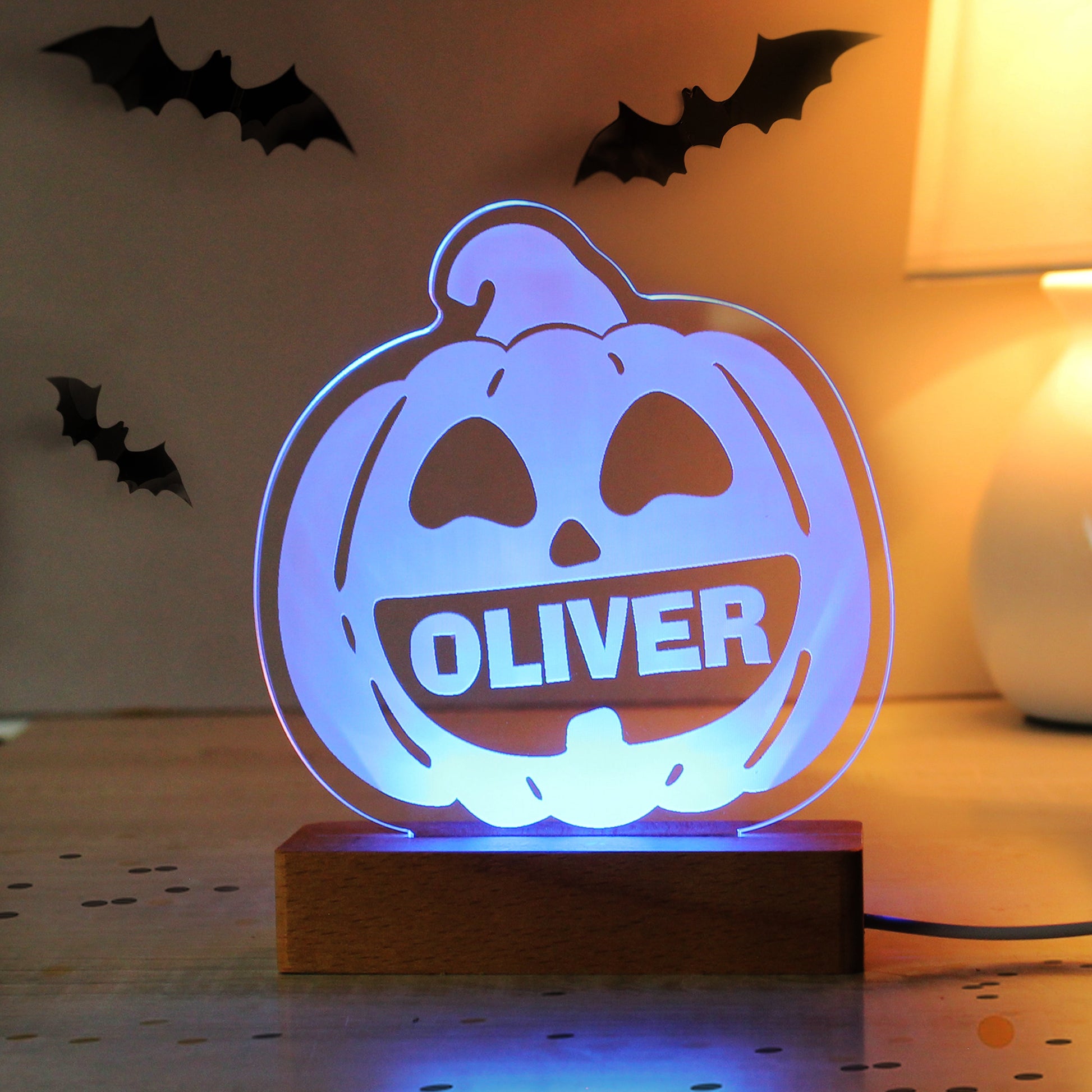 Personalised Pumpkin Wooden LED Light Peach Bomb Fashion, Jewellery, Homeware & Gifts LED Lights, Candles & Decorations