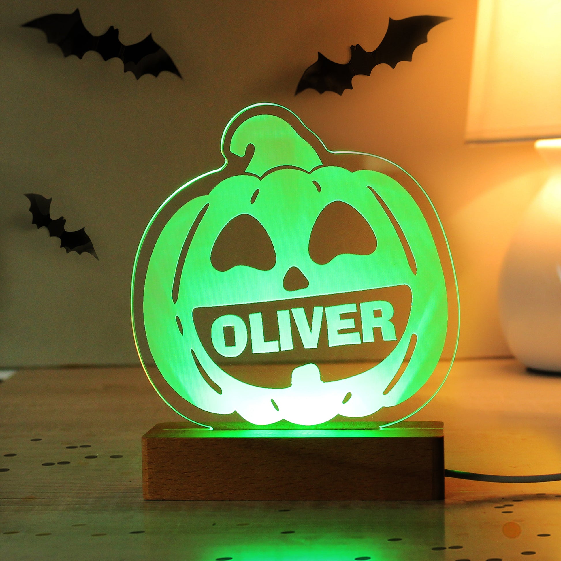 Personalised Pumpkin Wooden LED Light Peach Bomb Fashion, Jewellery, Homeware & Gifts LED Lights, Candles & Decorations