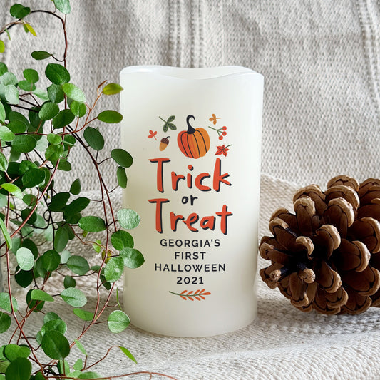 Personalised Trick or Treat LED Candle Peach Bomb Fashion, Jewellery, Homeware & Gifts LED Lights, Candles & Decorations