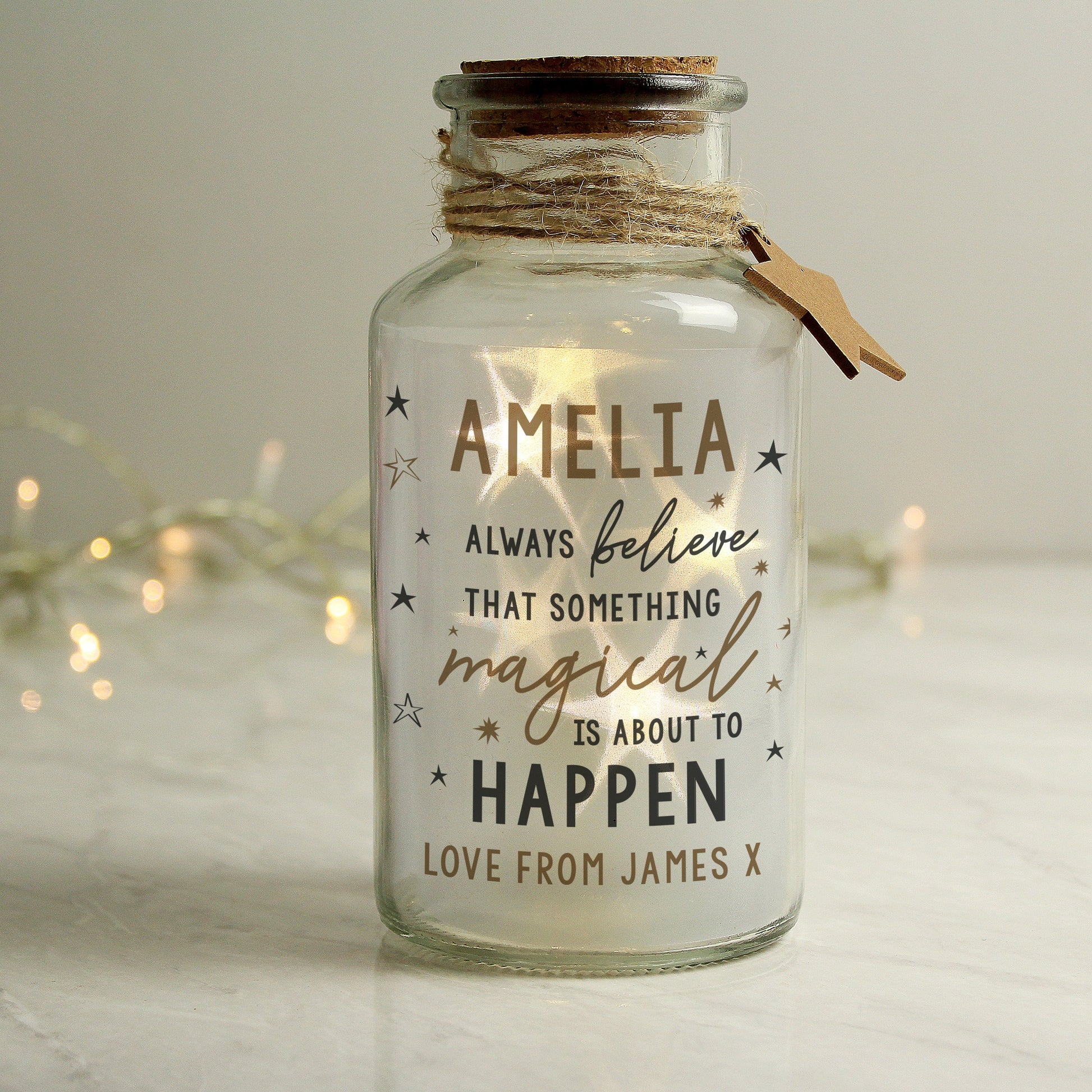 Personalised Magical Things Happen LED Glass Jar Peach Bomb Fashion, Jewellery, Homeware & Gifts LED Lights, Candles & Decorations