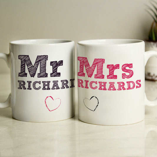 Personalised Mr & Mrs Sketch Mug Set Peach Bomb Fashion, Jewellery, Homeware & Gifts Mugs