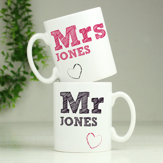Personalised Mr & Mrs Sketch Mug Set Peach Bomb Fashion, Jewellery, Homeware & Gifts Mugs
