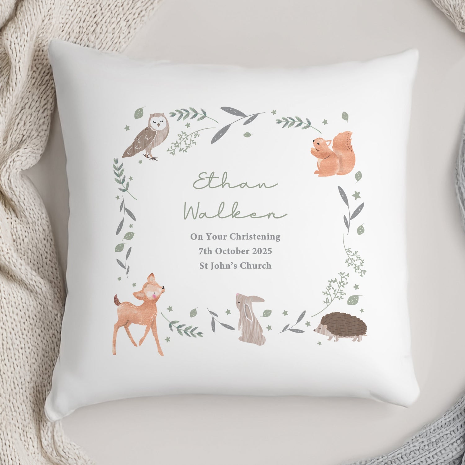 Personalised Woodland Animals Cushion Peach Bomb Fashion, Jewellery, Homeware & Gifts Textiles