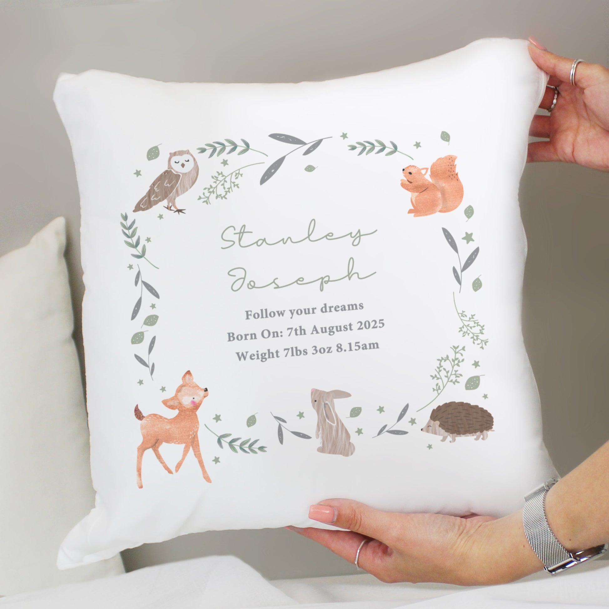 Personalised Woodland Animals Cushion Peach Bomb Fashion, Jewellery, Homeware & Gifts Textiles