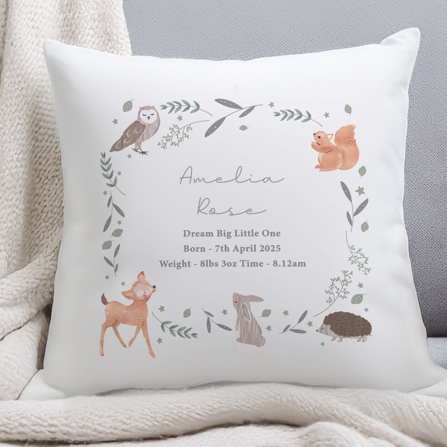 Personalised Woodland Animals Cushion Peach Bomb Fashion, Jewellery, Homeware & Gifts Textiles