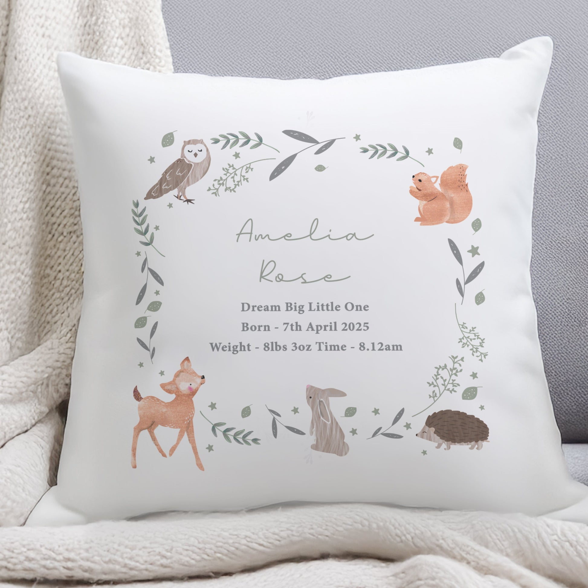 Personalised Woodland Animals Cushion Peach Bomb Fashion, Jewellery, Homeware & Gifts Textiles
