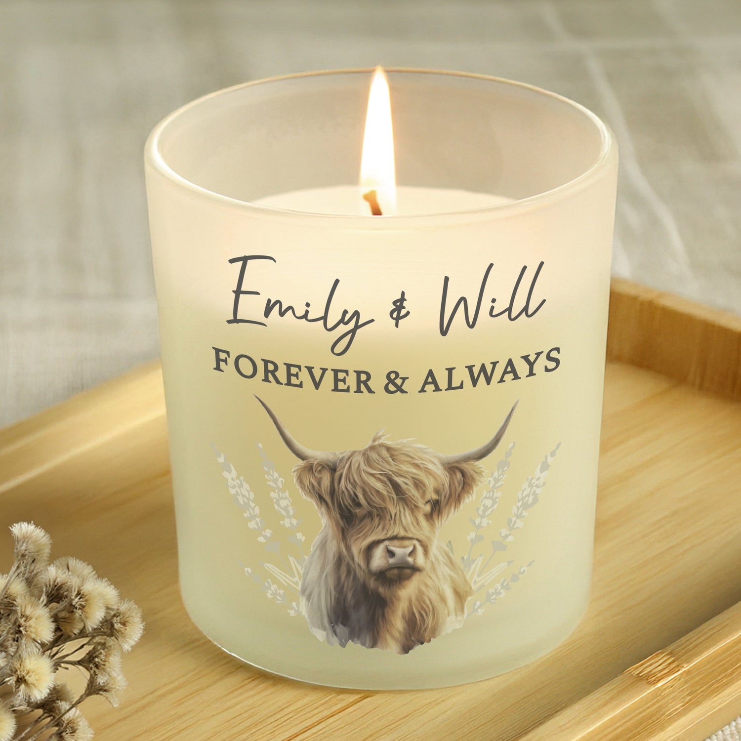 Personalised Highland Cow Frosted Glass Candle Peach Bomb Fashion, Jewellery, Homeware & Gifts Candles & Reed Diffusers