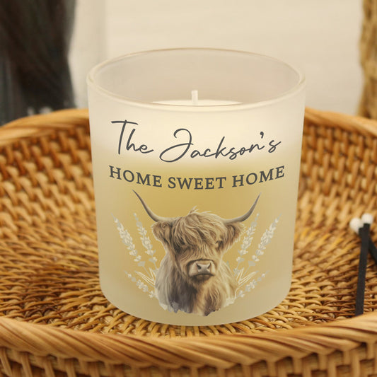 Personalised Highland Cow Frosted Glass Candle Peach Bomb Fashion, Jewellery, Homeware & Gifts Candles & Reed Diffusers