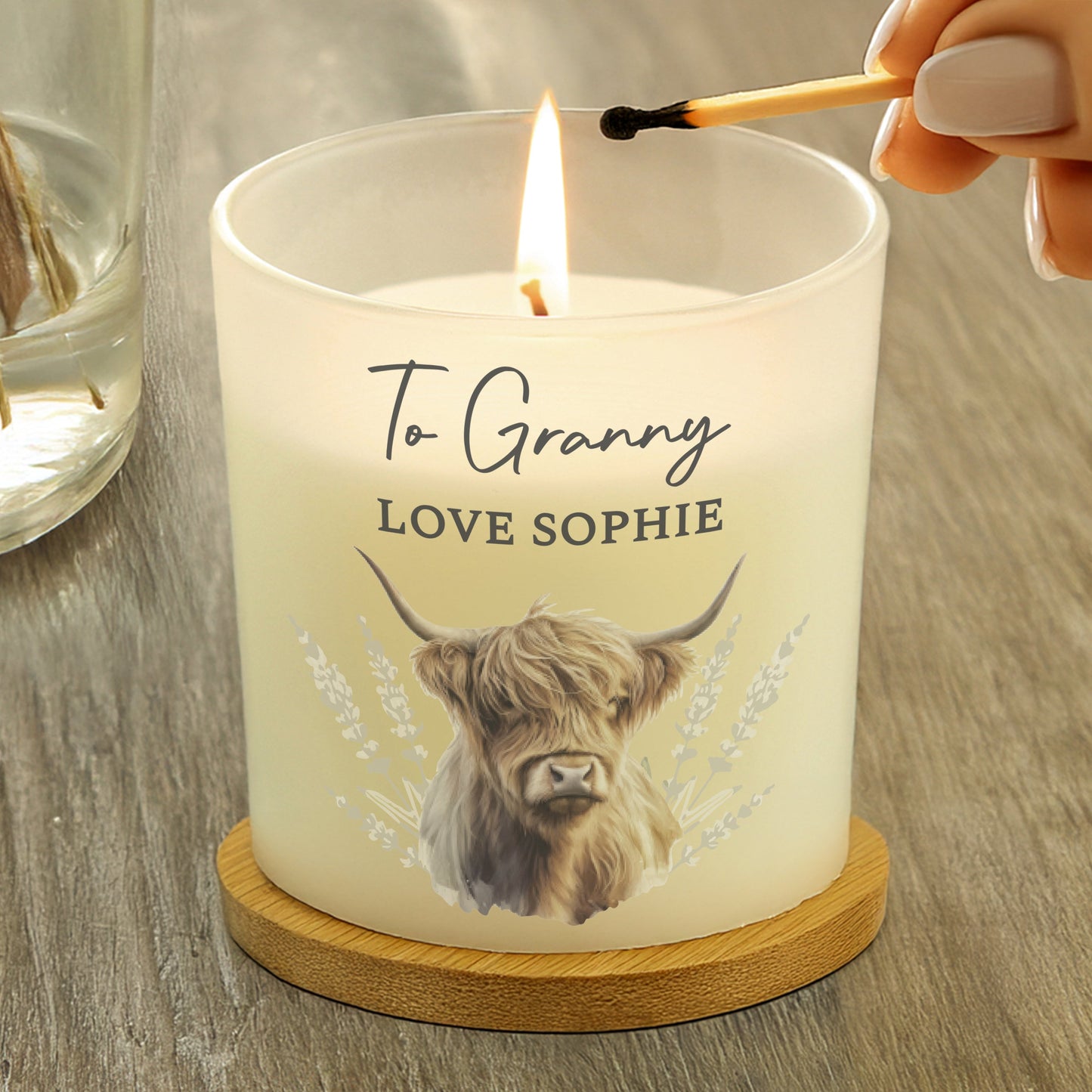Personalised Highland Cow Frosted Glass Candle Peach Bomb Fashion, Jewellery, Homeware & Gifts Candles & Reed Diffusers