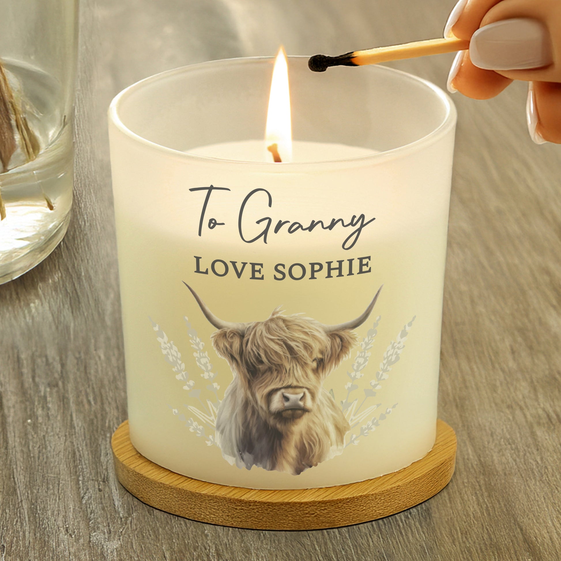 Personalised Highland Cow Frosted Glass Candle Peach Bomb Fashion, Jewellery, Homeware & Gifts Candles & Reed Diffusers