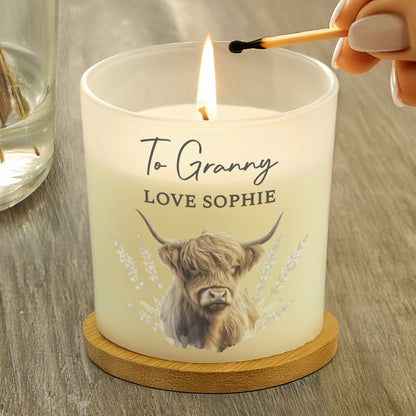 Personalised Highland Cow Frosted Glass Candle Peach Bomb Fashion, Jewellery, Homeware & Gifts Candles & Reed Diffusers