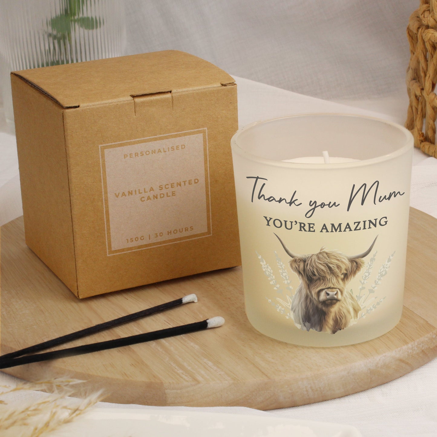 Personalised Highland Cow Frosted Glass Candle Peach Bomb Fashion, Jewellery, Homeware & Gifts Candles & Reed Diffusers