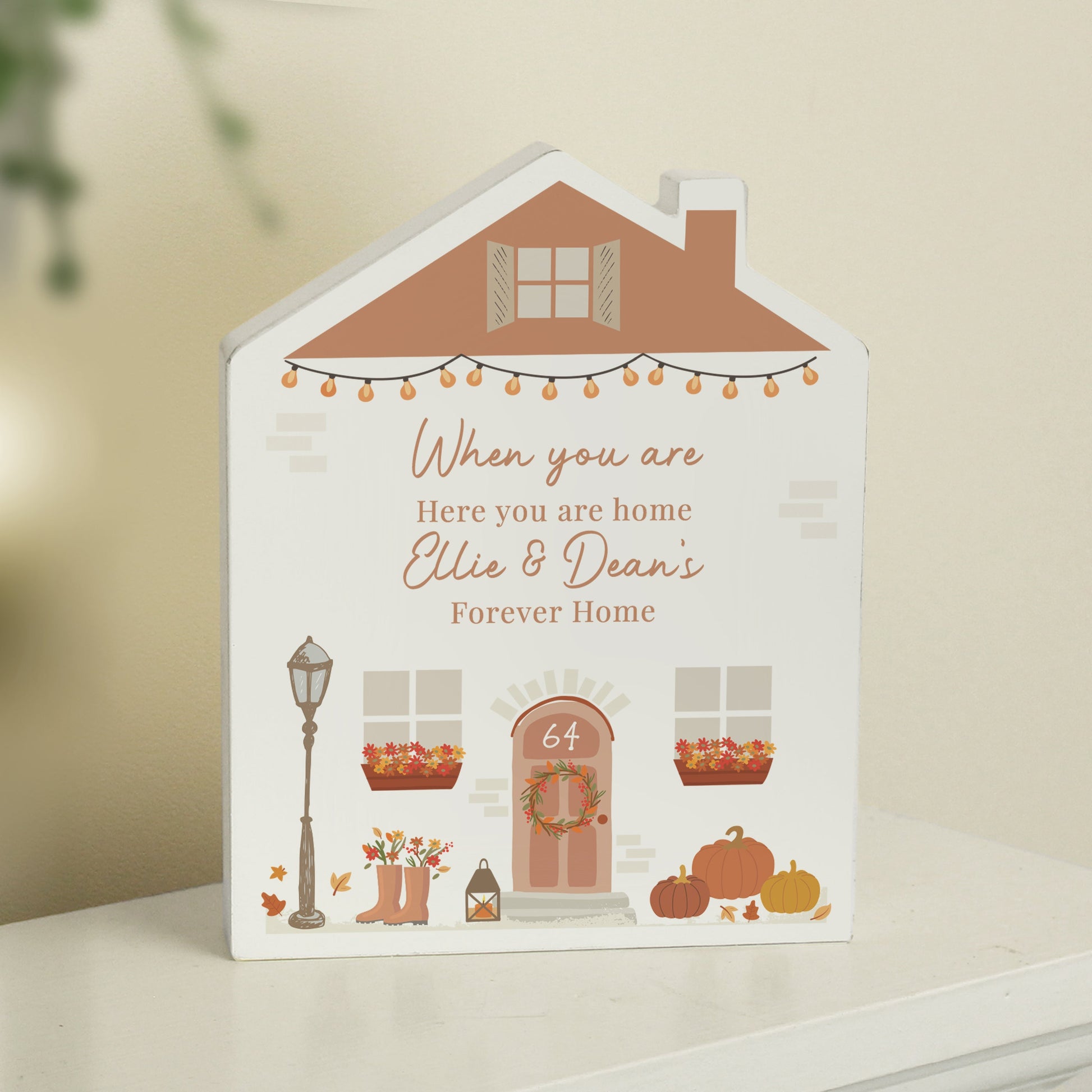 Personalised Autumnal Wooden House Ornament Peach Bomb Fashion, Jewellery, Homeware & Gifts Ornaments