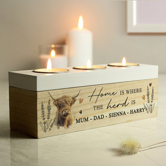 Personalised Highland Cow Triple Tea Light Box Peach Bomb Fashion, Jewellery, Homeware & Gifts LED Lights, Candles & Decorations