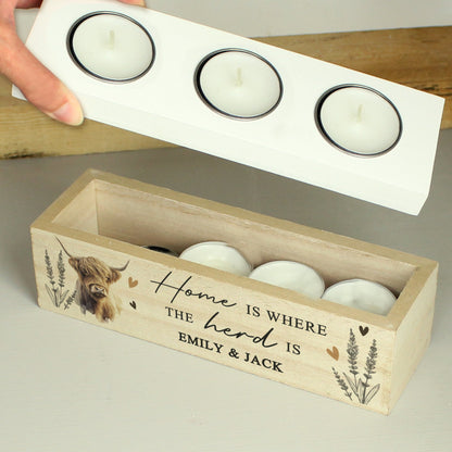 Personalised Highland Cow Triple Tea Light Box Peach Bomb Fashion, Jewellery, Homeware & Gifts LED Lights, Candles & Decorations