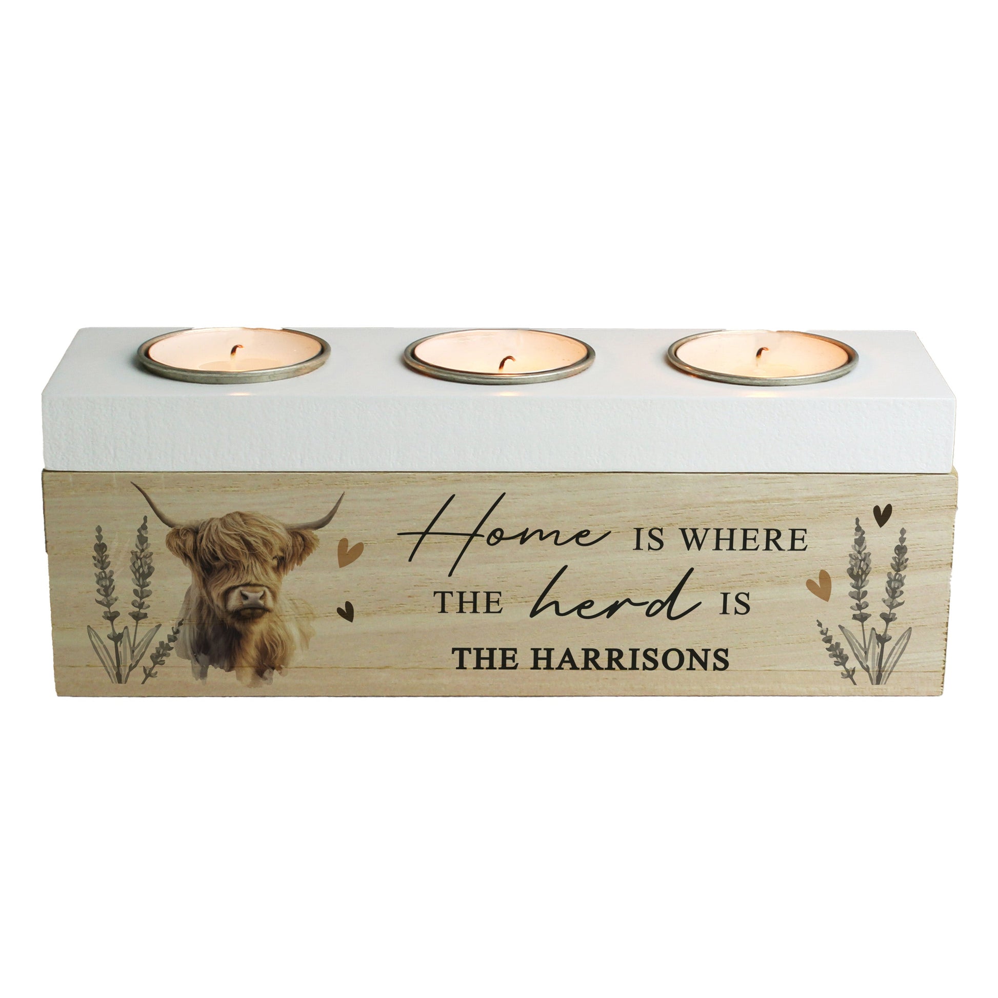 Personalised Highland Cow Triple Tea Light Box Peach Bomb Fashion, Jewellery, Homeware & Gifts LED Lights, Candles & Decorations