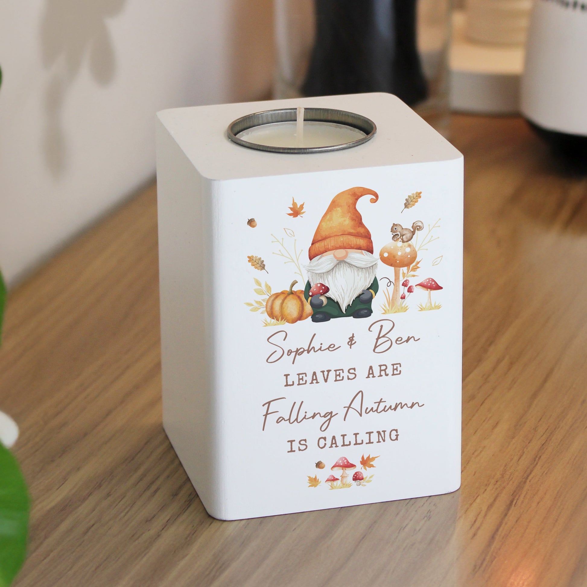 Personalised Autumn Gonk Tealight Holder Peach Bomb Fashion, Jewellery, Homeware & Gifts Candles & Reed Diffusers