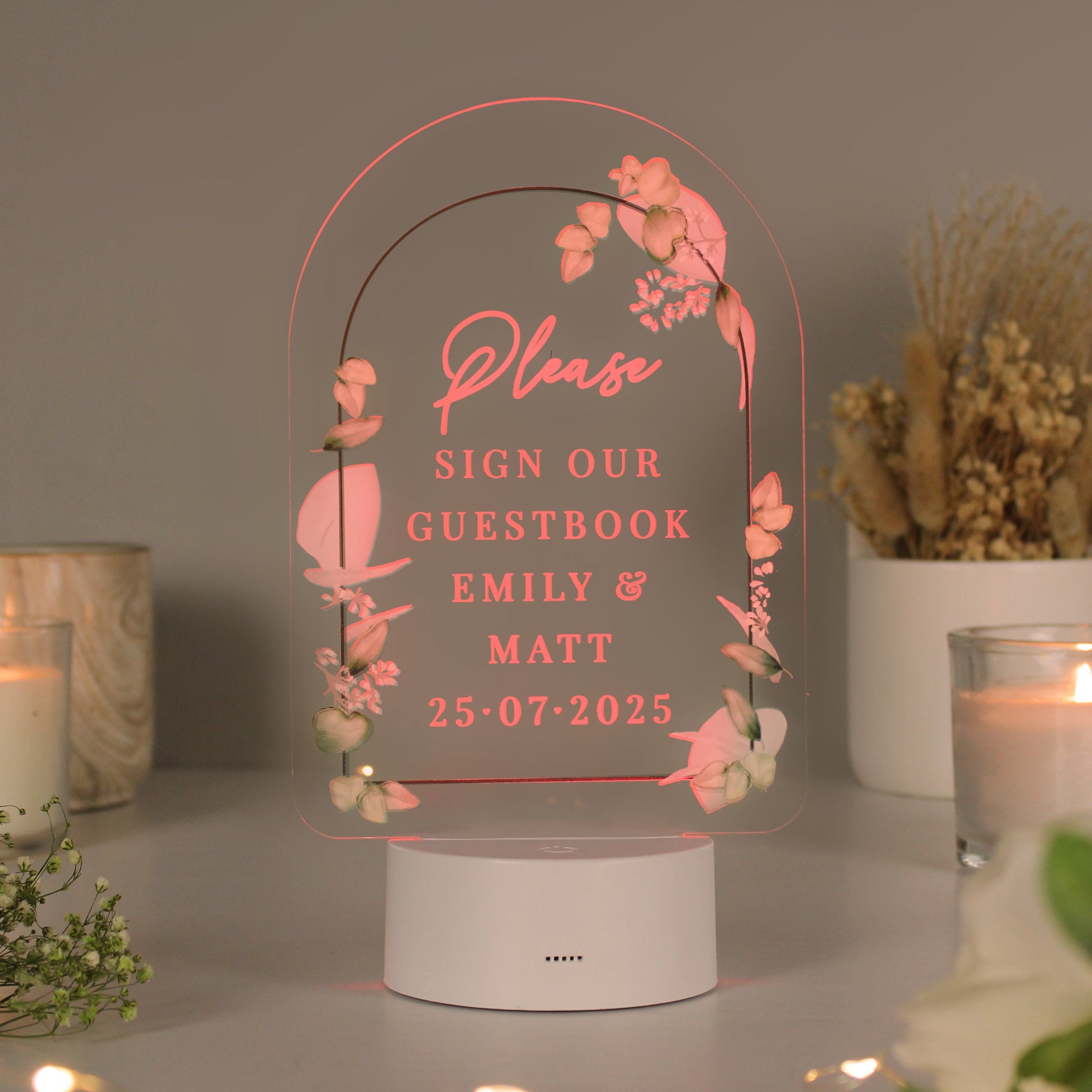 Personalised Botanical LED Colour Changing Wedding Sign Peach Bomb Fashion, Jewellery, Homeware & Gifts LED Lights, Candles & Decorations
