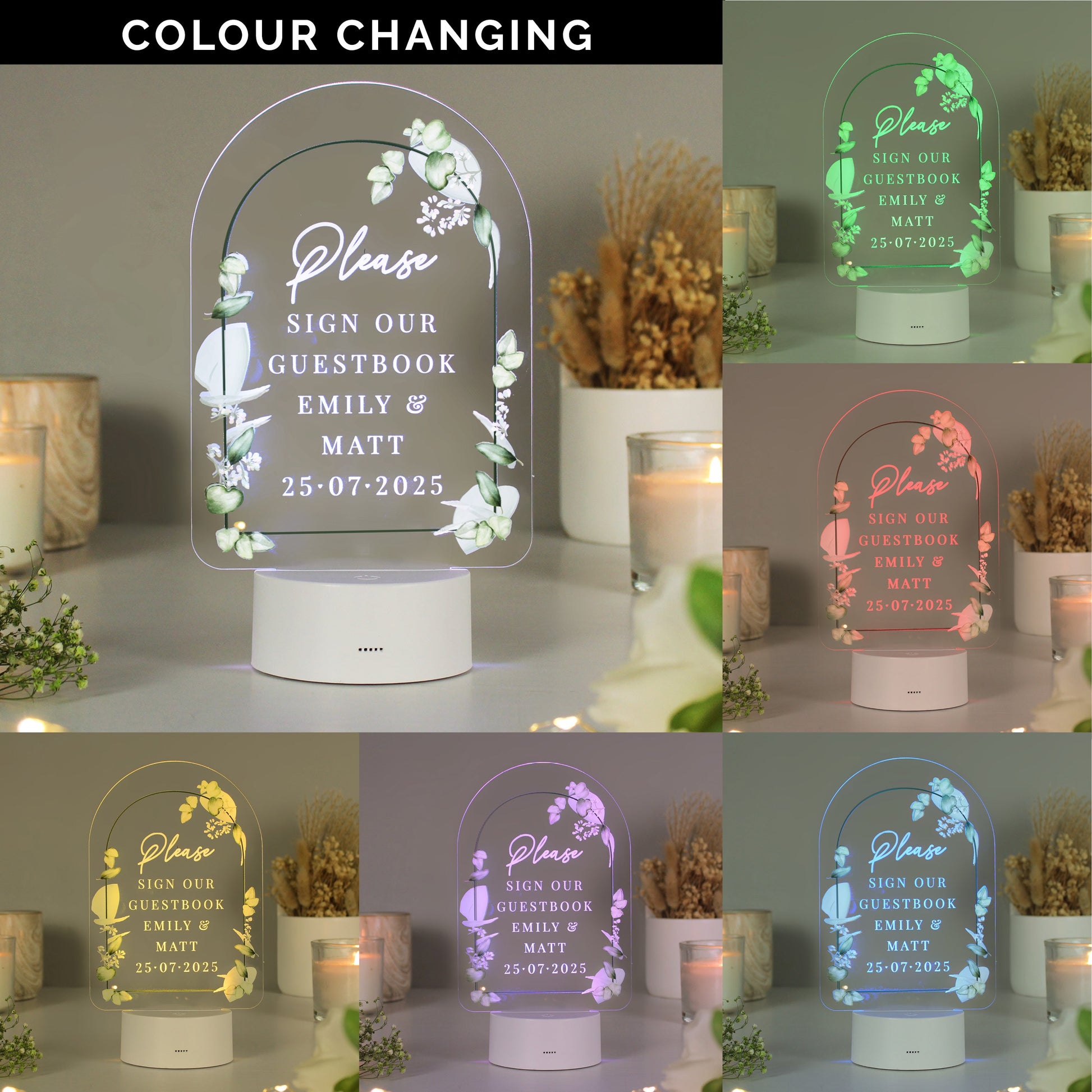 Personalised Botanical LED Colour Changing Wedding Sign Peach Bomb Fashion, Jewellery, Homeware & Gifts LED Lights, Candles & Decorations