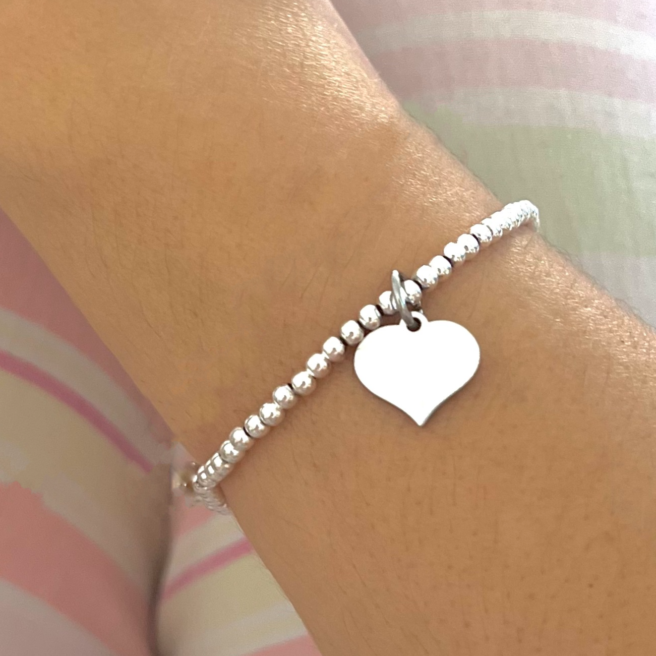 Silver Beaded Bracelet with Silver Heart Charm