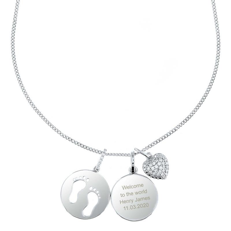 Personalised Sterling Silver Necklace for women new baby Footprints and Cubic Zirconia Heart Necklace gift for her christmas birthday mothers day anniversary