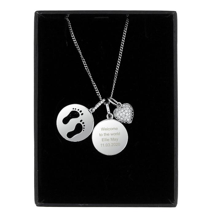 Personalised Sterling Silver Necklace for women new baby Footprints and Cubic Zirconia Heart Necklace gift for her christmas birthday mothers day anniversary