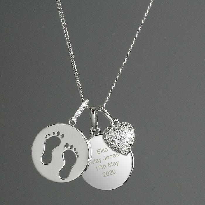 Personalised Sterling Silver Necklace for women new baby Footprints and Cubic Zirconia Heart Necklace gift for her christmas birthday mothers day anniversary