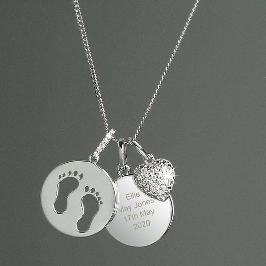 Personalised Sterling Silver Necklace for women new baby Footprints and Cubic Zirconia Heart Necklace gift for her christmas birthday mothers day anniversary